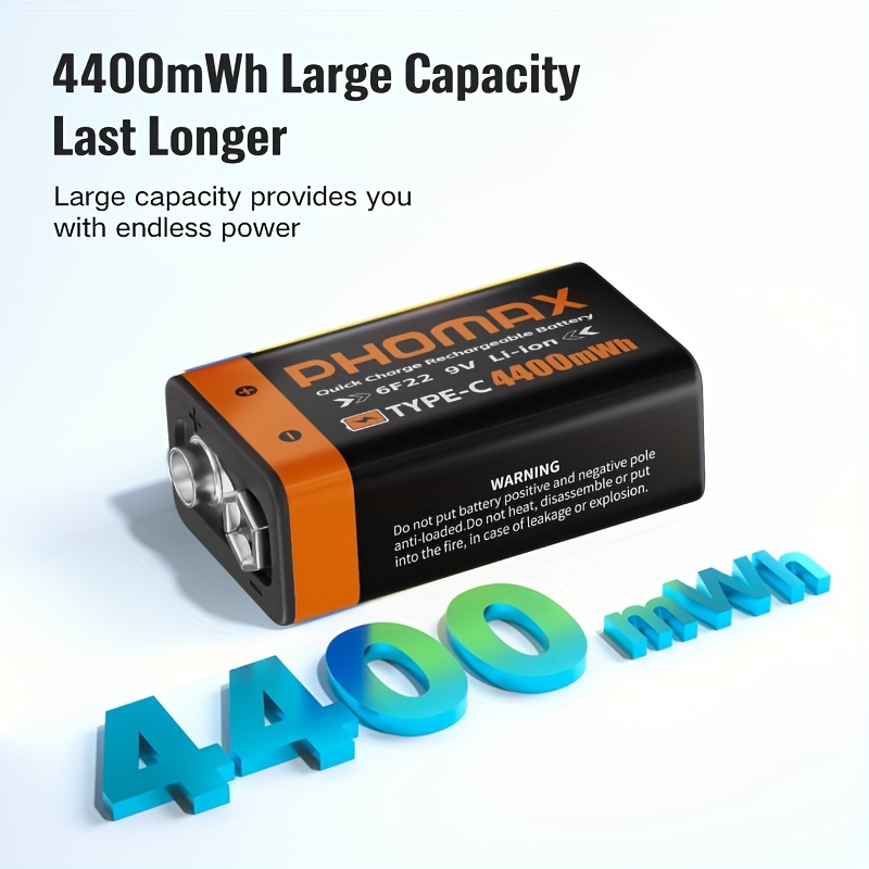   9v литиевая батарея 4400мач с быстрой зарядкой type-c - высокая емкость до 4800мач, долговечная   для часов, детекторов дыма, беспроводных микрофонов, rc контроллеров, газовых плит, электрогитар - совместимость с кабелями type-c -   аккумулятор, перезаряжаемый, совместимость с устройствами, современный  , прочное исполнение Детали 1