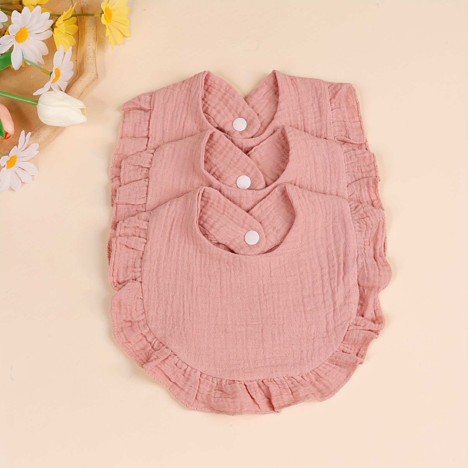 3pcs Solid Color Ruffle Bib Set, Baby Feeding Absorbent Drool Bib, Soft And Comfortable Newborn Bib, Children's Infant And Toddler Accessory Gift Set