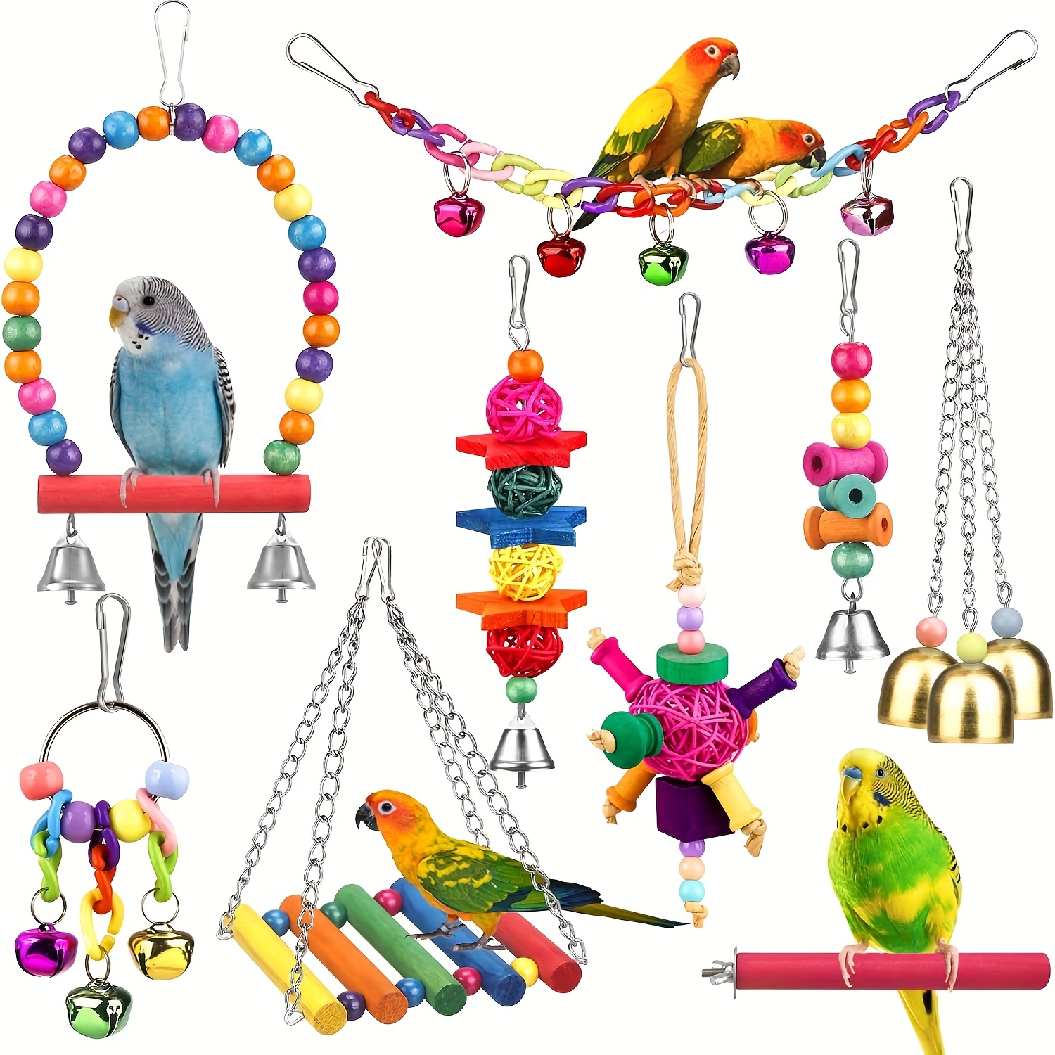 Image of 9pcs Set Of Bird Toys For Chewing And Biting, Colorful Rattan Balls For Training And Puzzle , Small And Medium , Xuanfeng Macaw, Stair Climbing And Swing