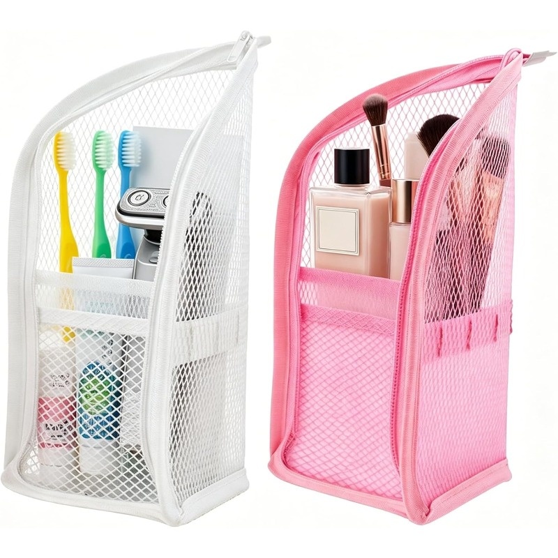 TEMU 2pcs Standing Toiletry Bag - Suitable For Bathroom, Gym, And Travel - High-quality Foldable Translucent Upright Storage Bag With Zipper Closure,