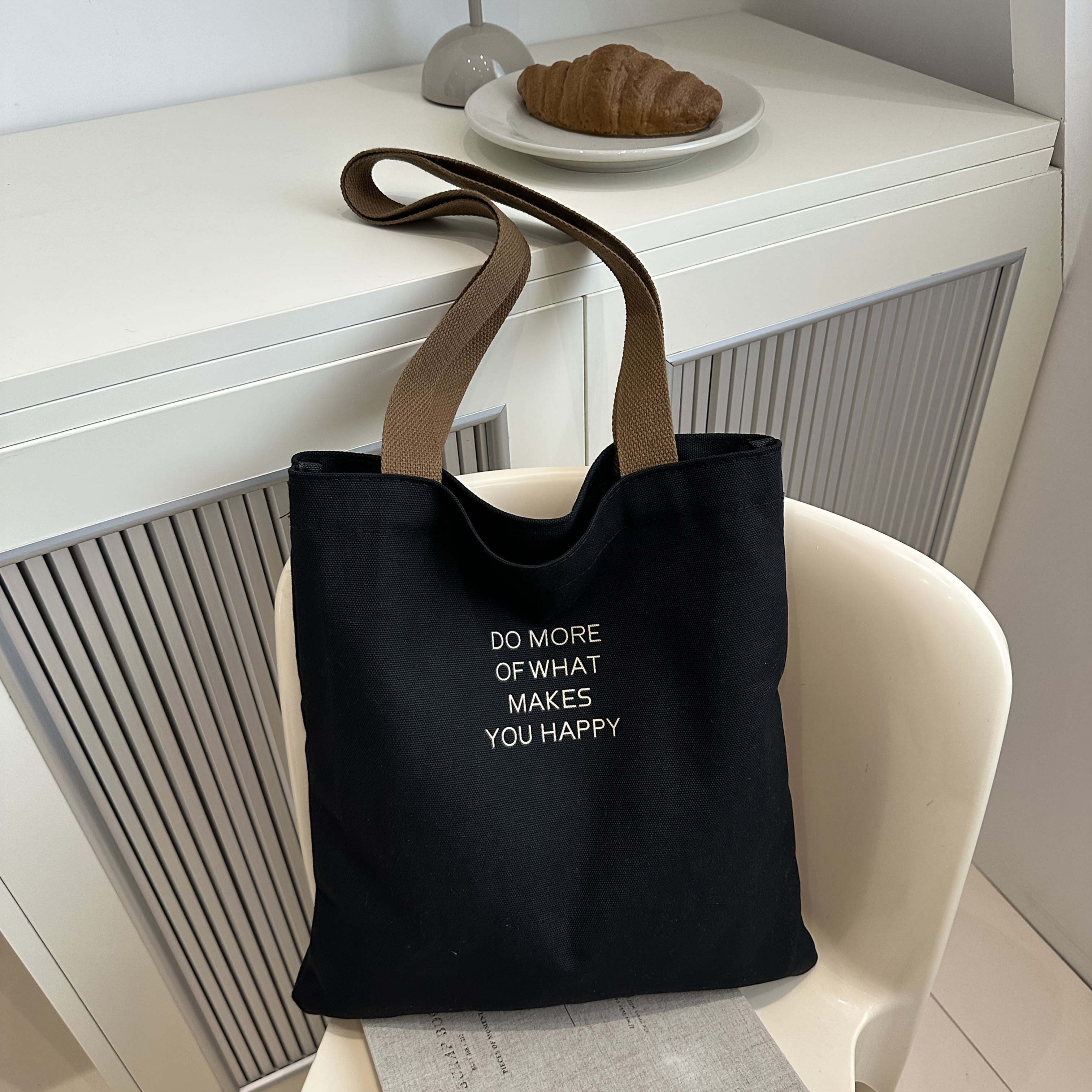 TEMU 1pc Women's Motivational Tote Bag With "do Happy" Print - Durable Polyester Open Top For College, Travel, Everyday Use - Black & White, College