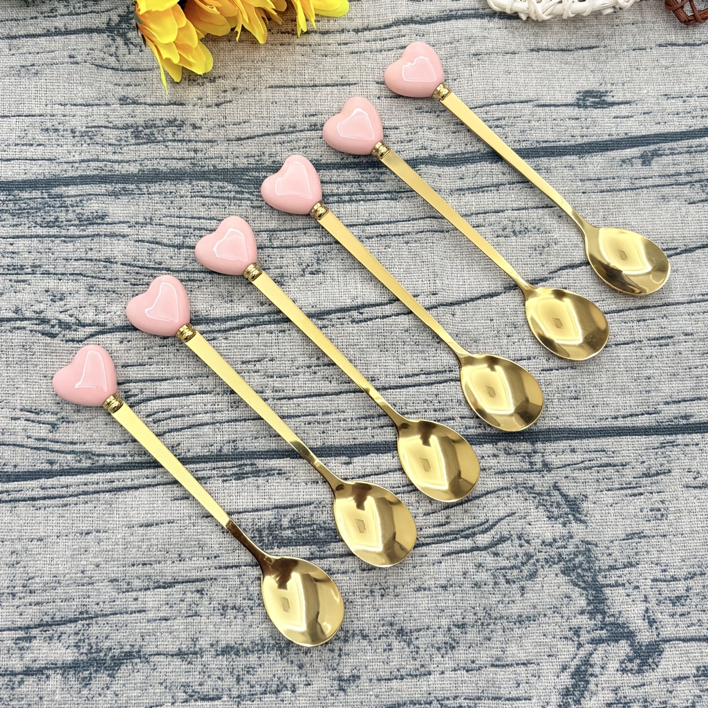 E-shop 6-teiliges Besteck-Set aus Edelstahl mit herzförmigem Griff - Poliert, geeignet für Zuhause, Restaurant, Partys, Dessertlöffel, Kaffeelöffel &