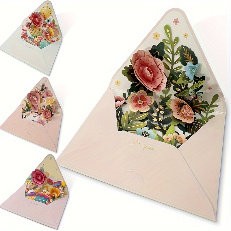 

3pcs Set Of 3d Bouquet Pop-up Cards For Day, 3d Greeting Cards And Thank You Cards With Envelopes And Gifts For Boys To Give To Female , Sisters, Friends, Anniversary Cards, Valentine's Day Cards