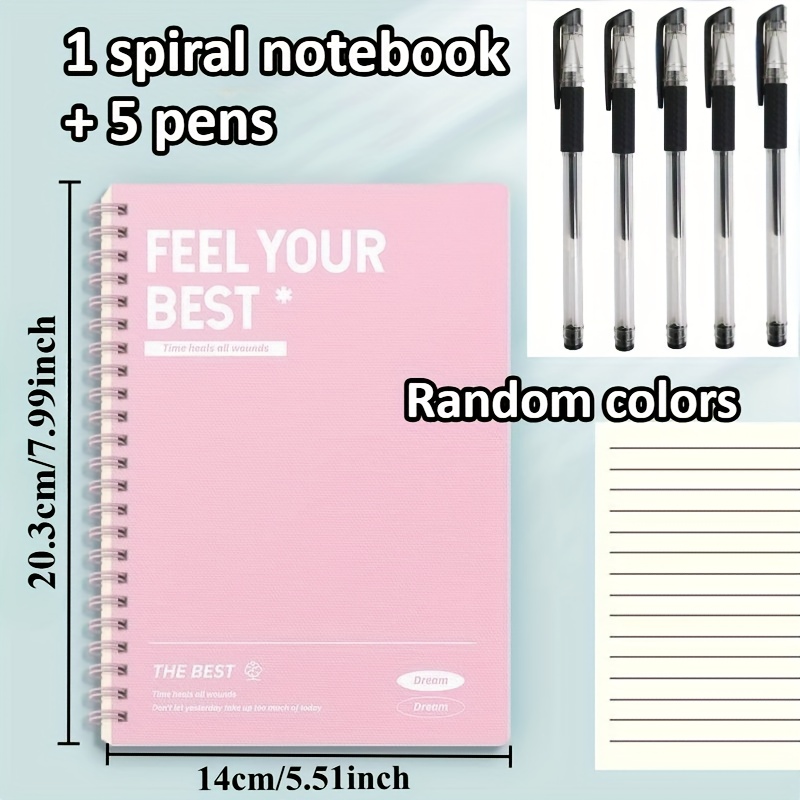 E-shop 6-teiliges Set, inklusive 1 Spiralblock + 5 Stifte, minimalistisches Pastell-A5 Hardcover-Notizbuch, reißbare Seiten mit linierten Abschnitten,