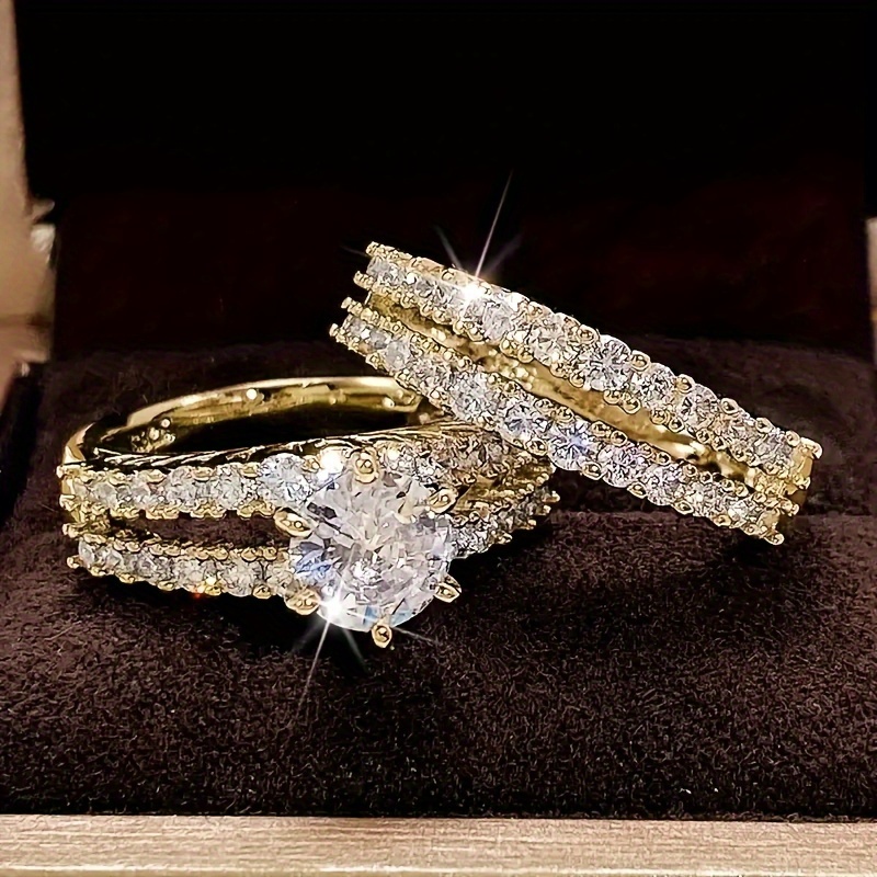 

2pcs/set Zirconia Ring Women's Wedding Couple Ring 18k Gold Plated Glitter Ring