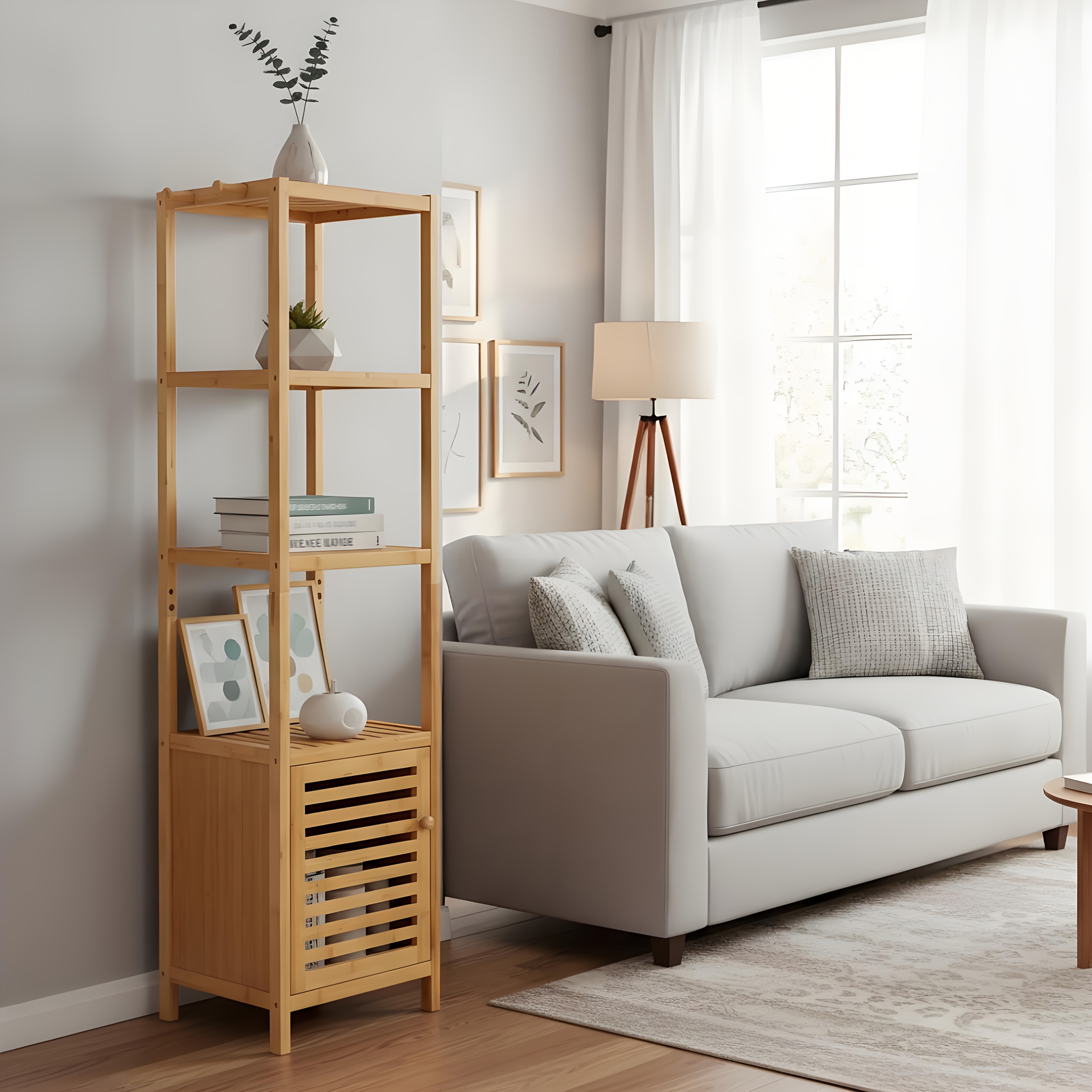 Bamboo Bathroom Storage Floor Cabinet, 4 Tiers Multifunctional Floor Shelving Unit, Free Standing Tower Corner Rack