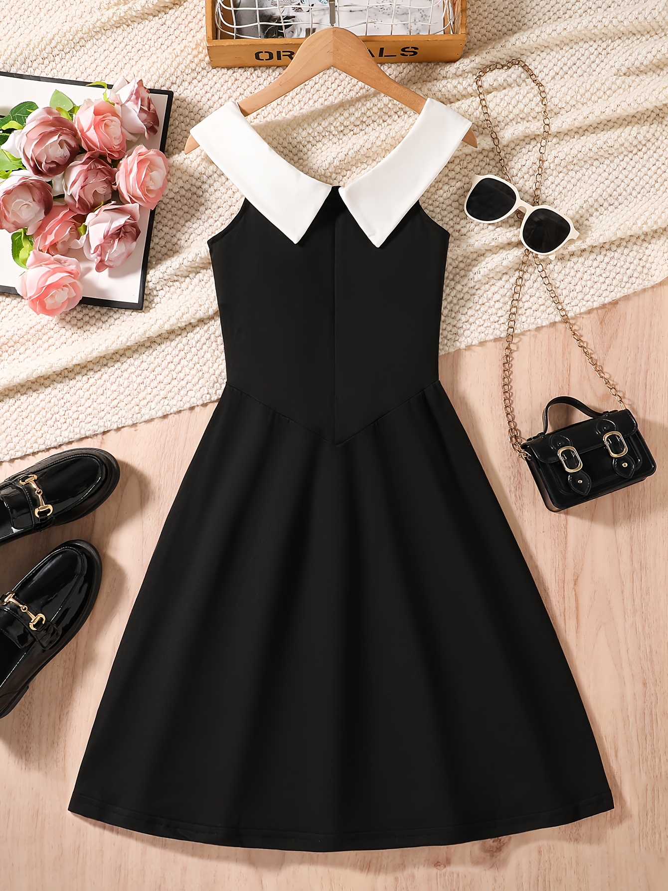 teen girls elegant shoulder bow detail dress black white Temu Canada
