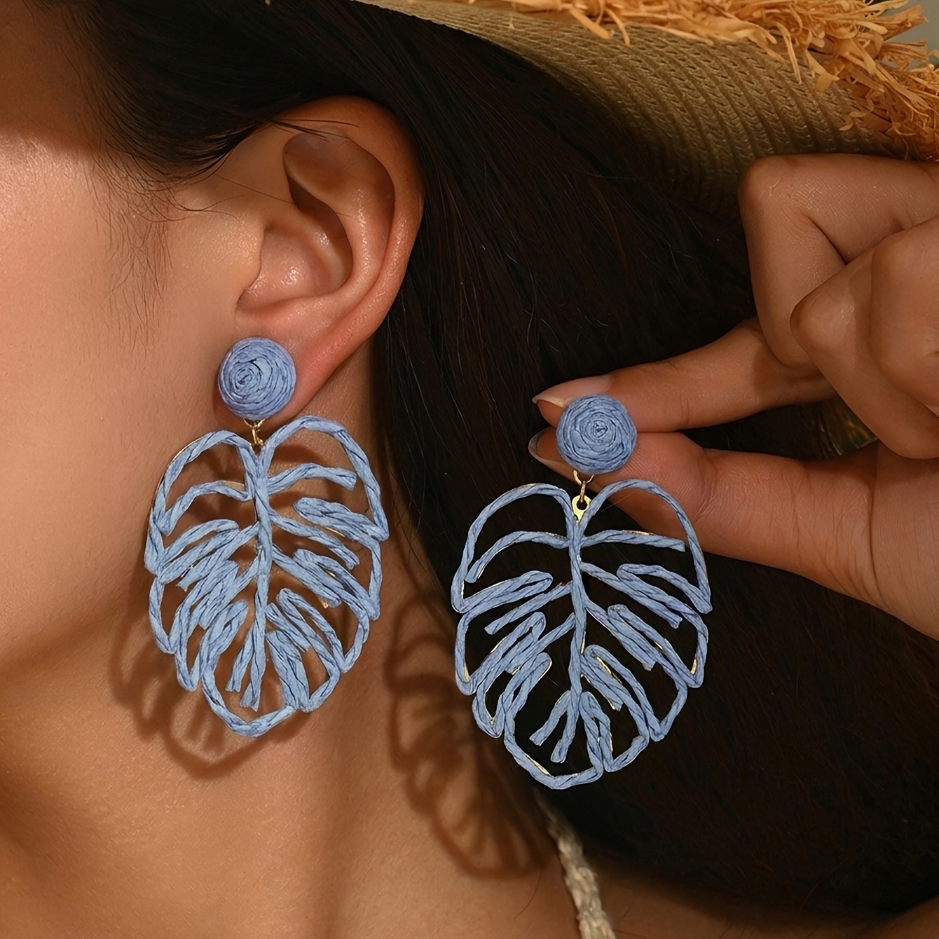 Bohemian Hand-Woven Raffia Hollow-Out Leaf Earrings