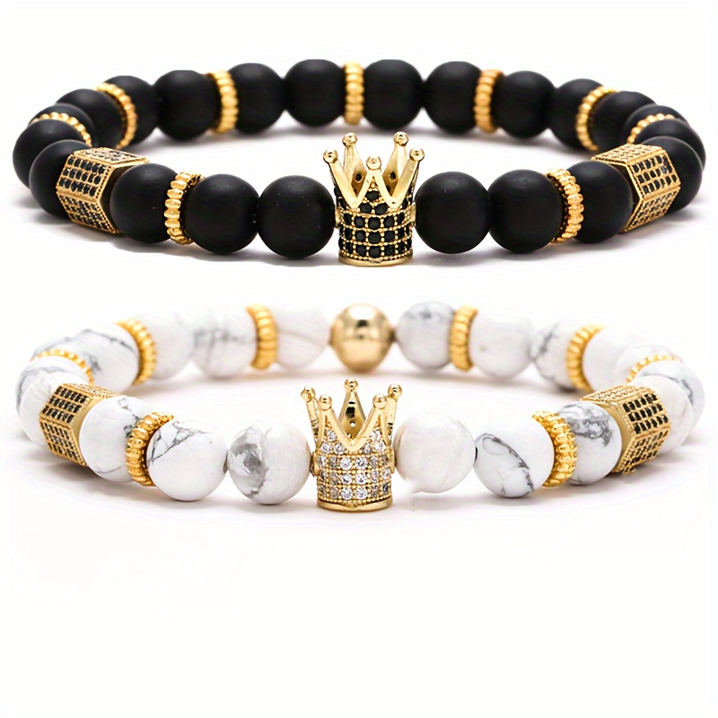 

2 Pcs Of Black And White Natural 8mm Beaded Crown Bracelet For Men Avant-garde Fashion Men's Bracelet Set