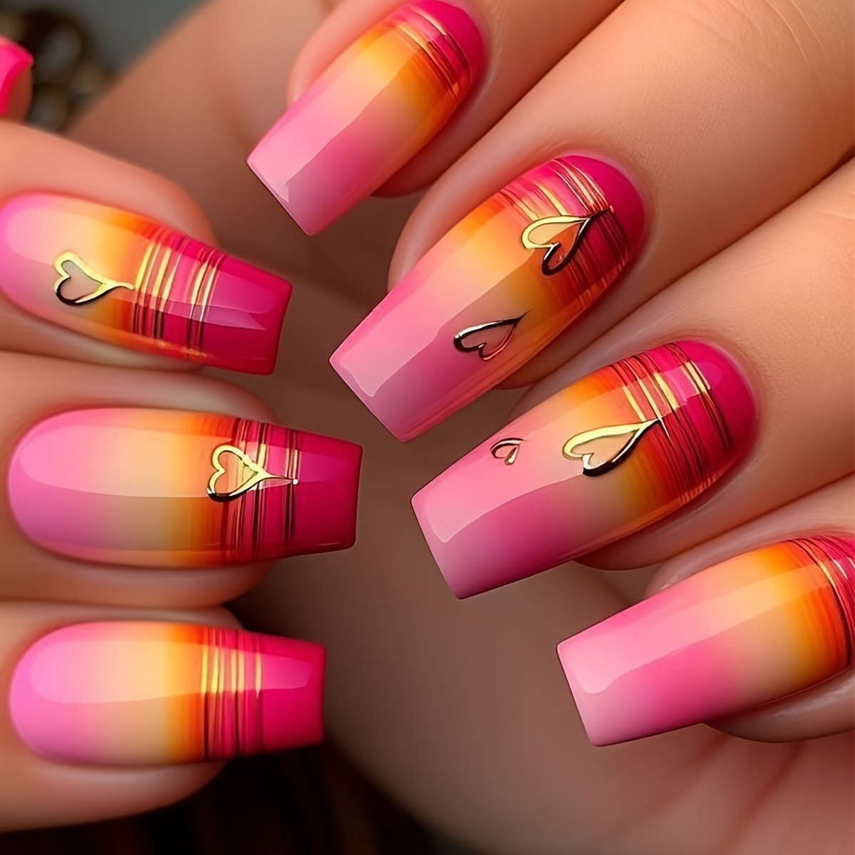 

24pcs Of Valentine's Day Fake Nails Featuring Sunset Heart Designs With Golden And , Mid-length Ballet--on Nails Suitable For Women And Girls For Wear.