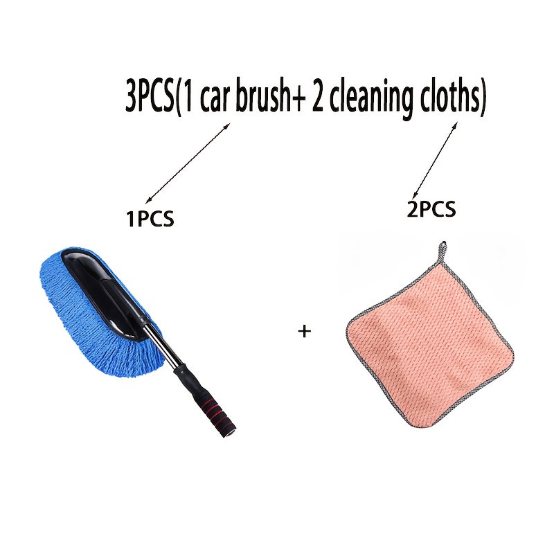 TEMU 3pcs(1 Car Brush+ 2 Cleaning Cloths) Brush With Extendable Handle, Thick And Soft Bristles, And A Sponge Grip, Cleans The Car Body Without