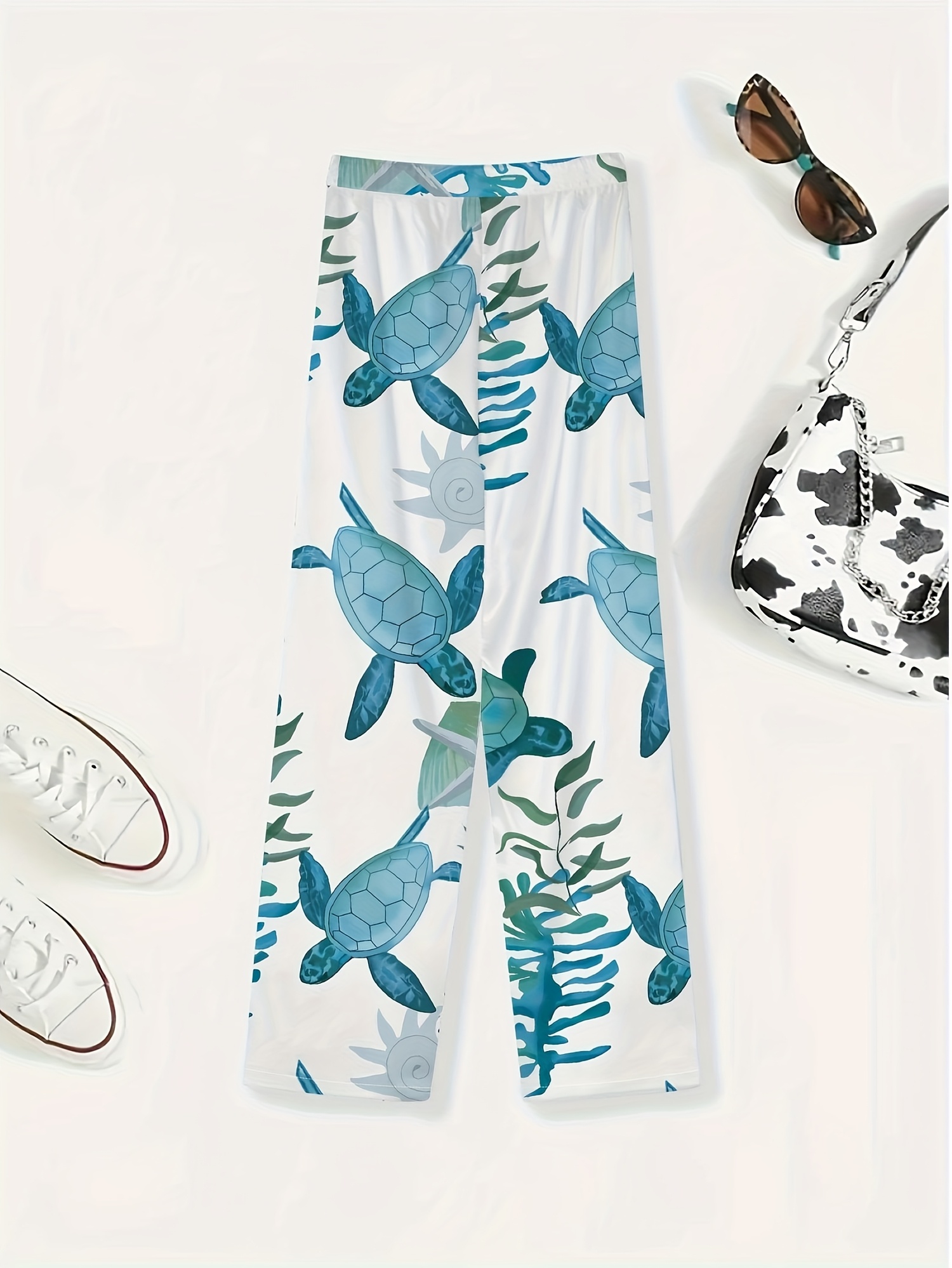 spring summer turtle print straight leg pants elastic waist slant pocket casual trousers