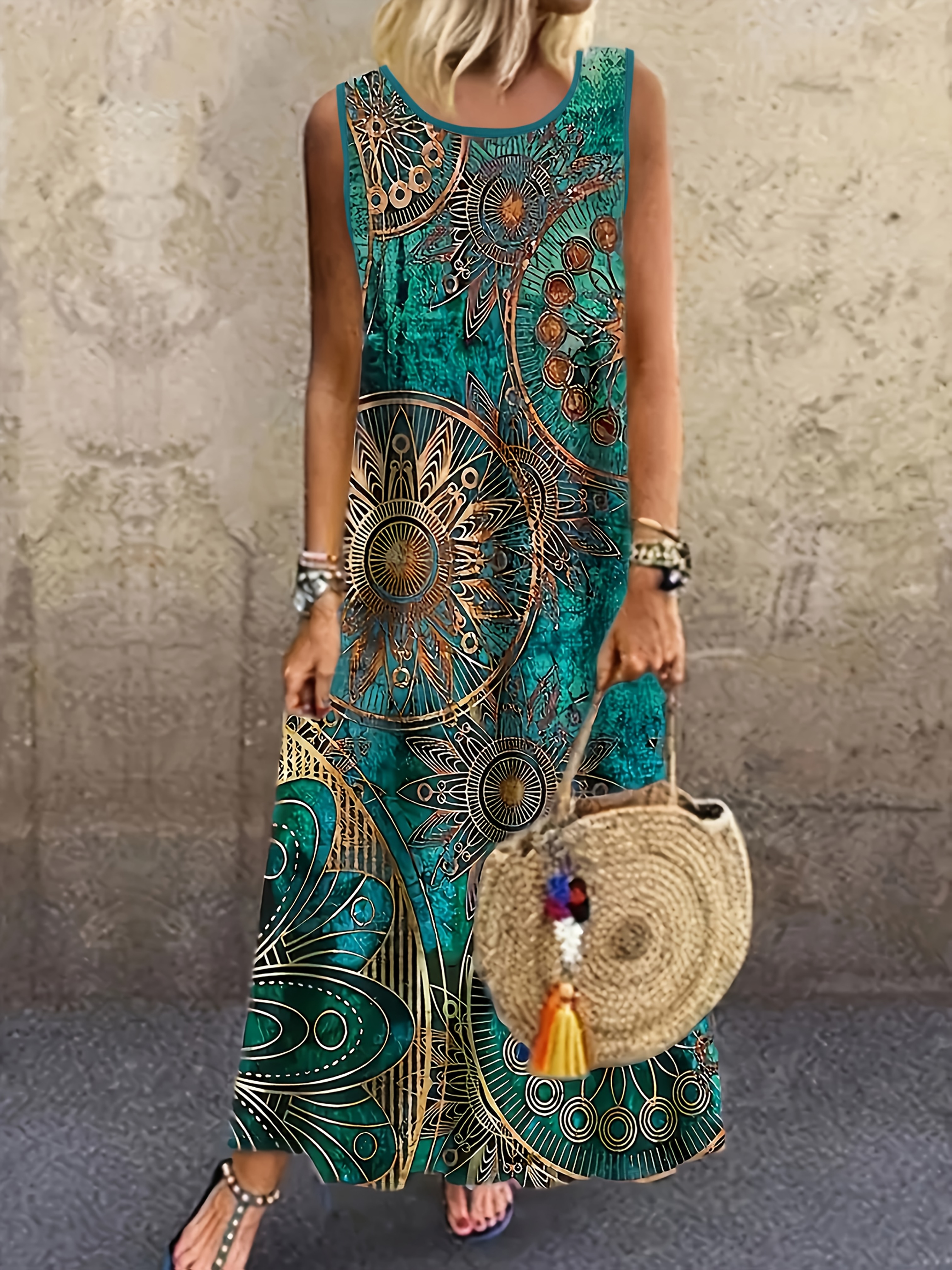 Tailored Design Women'S Casual Dress with a Round Neck, Sleeveless, Featuring Paisley Pattern Print, Stylish for Outdoor Leisure.