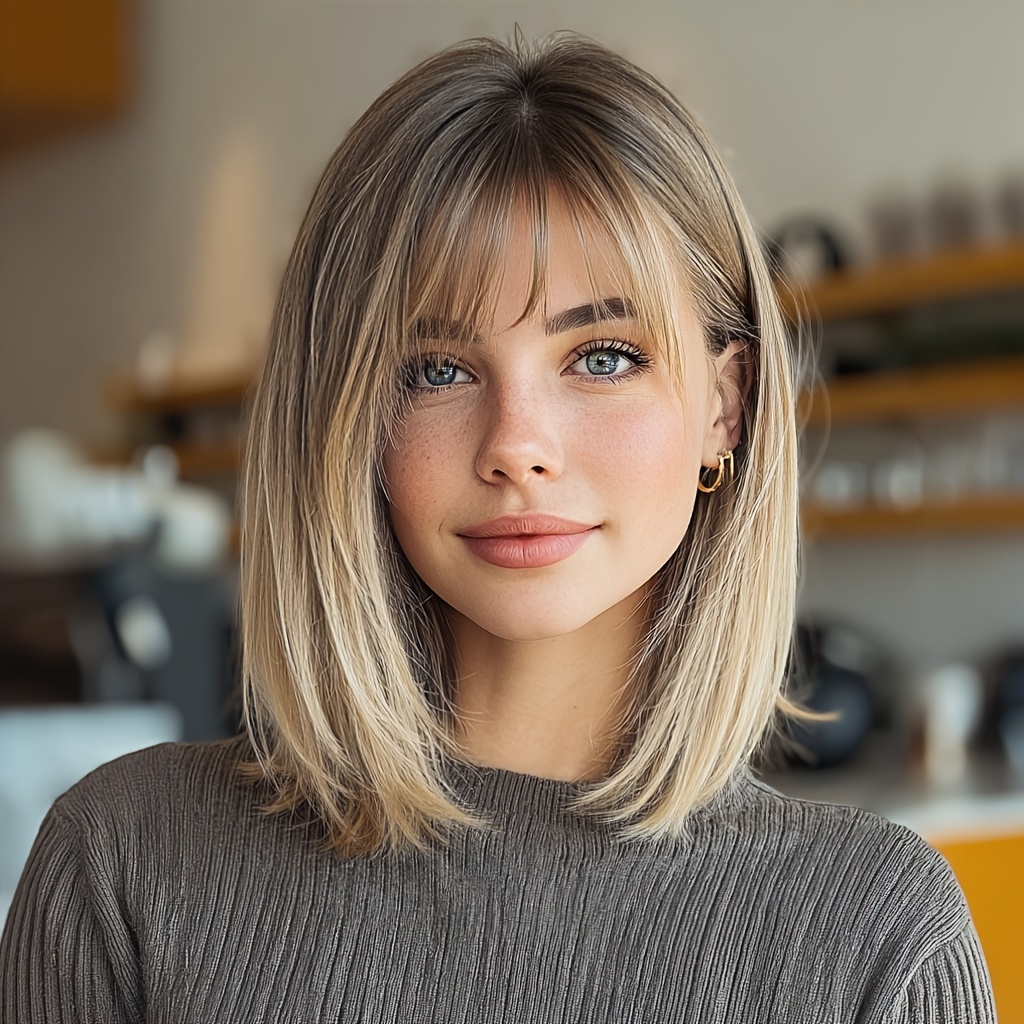 TEMU 14 Inch Brown Gradient Straight Synthetic Wig With Bangs Suitable For Women - Hair, Brown Shading (lighter To ), Daily Wear & Special Occasions, Maintenance, Comfortable For