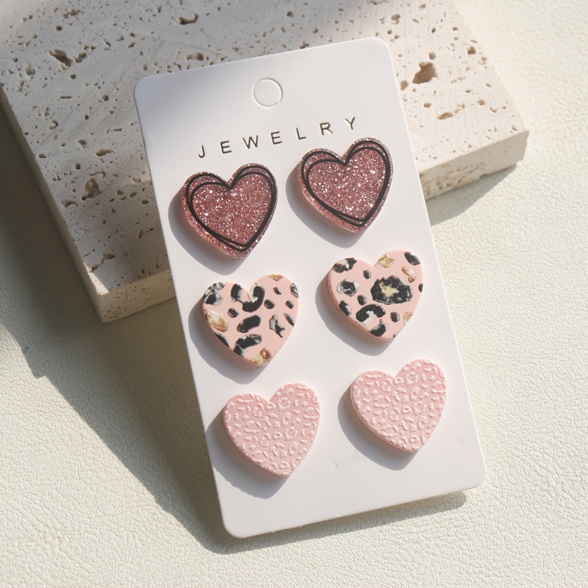 Image of 3 Pairs Of 1 Card, Women's Love Heart Earrings, Pink Series, Shiny Leopard Heart Mixed Earrings, Pottery Clay Texture Retro Cute Jewelry, Valentine's Day Holiday Gift