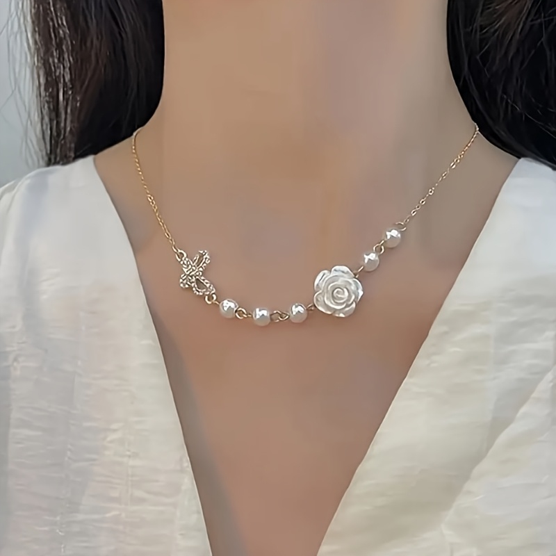 Imitation Pearl Zirconia Bow Collarbone Chain Necklace