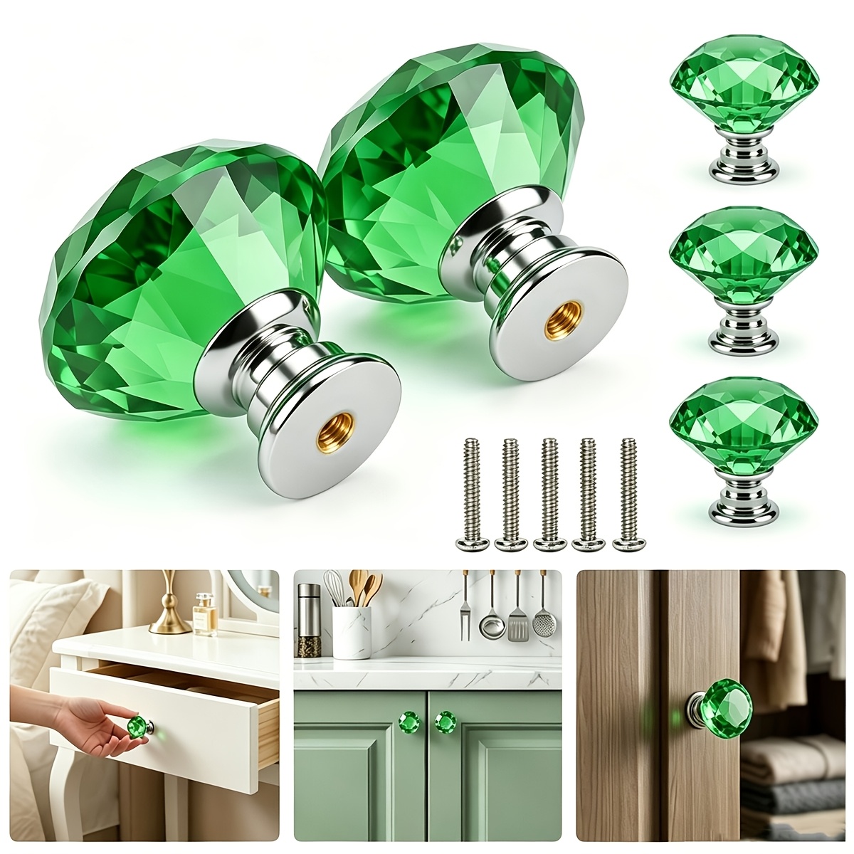 TEMU 10pcs Set: 5 X 30mm*16mm Silvery Base Emerald Green Glass Crystal Decorative Head Drawer Knob Pulls + 5 X 25mm Knob Screws. Glass Crystal
