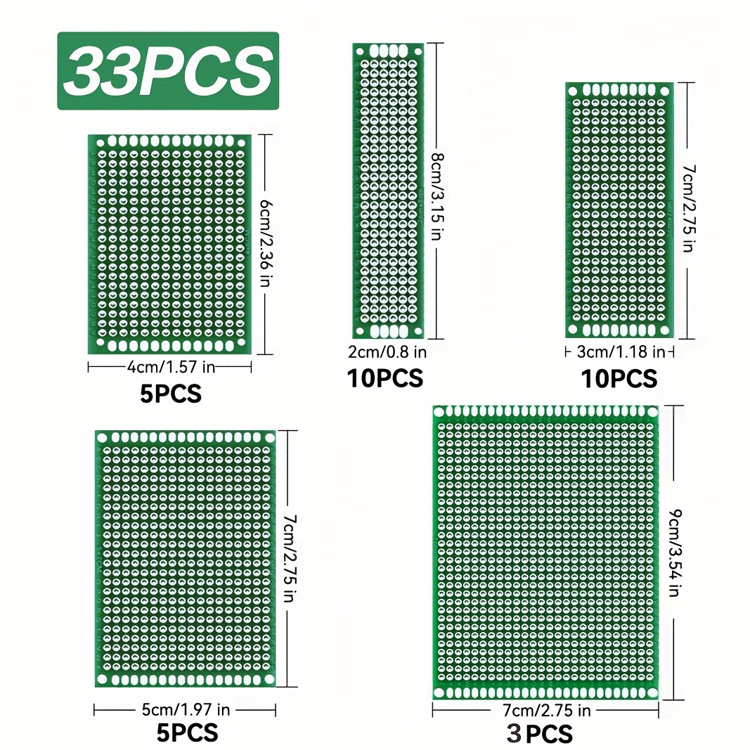 TEMU 33pcs Double-sided Pcb Prototype Circuit Board Kit, 5 Sizes Of Green Universal Printed , Used For Electronic Component Soldering, Suitable For