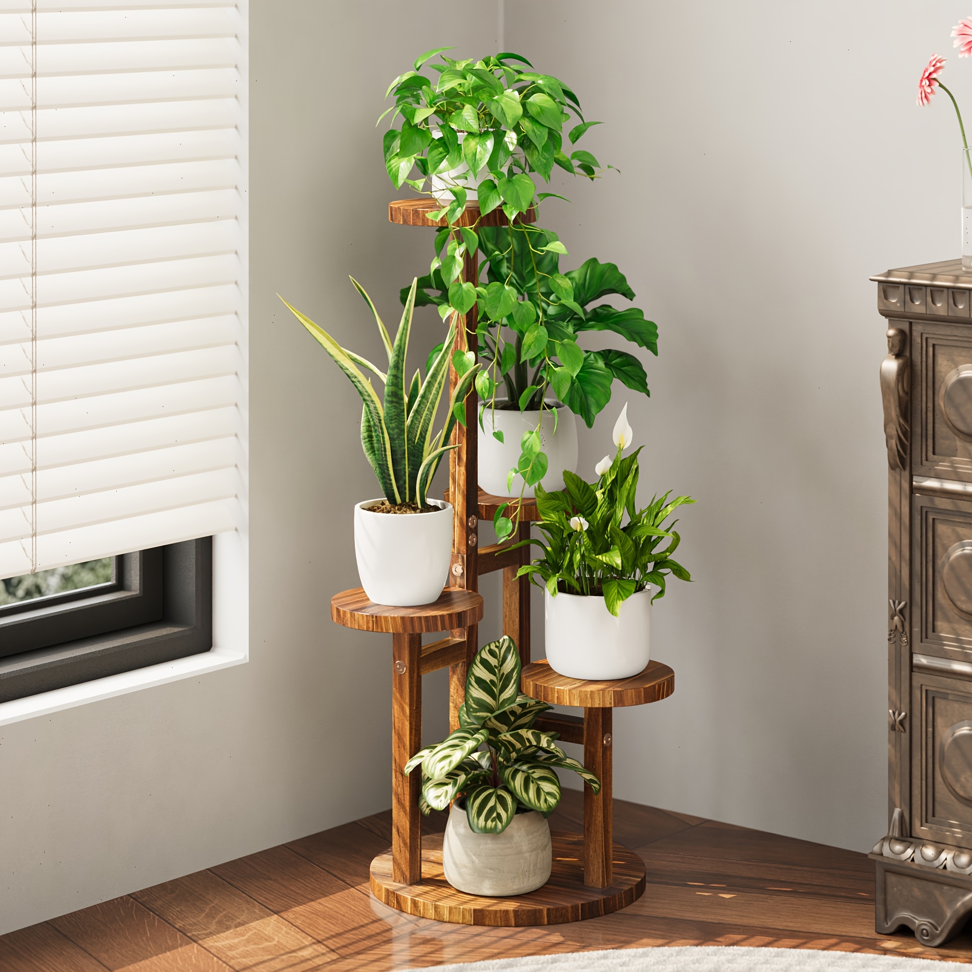 TEMU Bf Plant Stand Indoor, 5 Tier Plant Stand For Multiple Plant, Wood Plant Shelf Corner Tall Plant Holder Flower Stand For Balcony Office Living