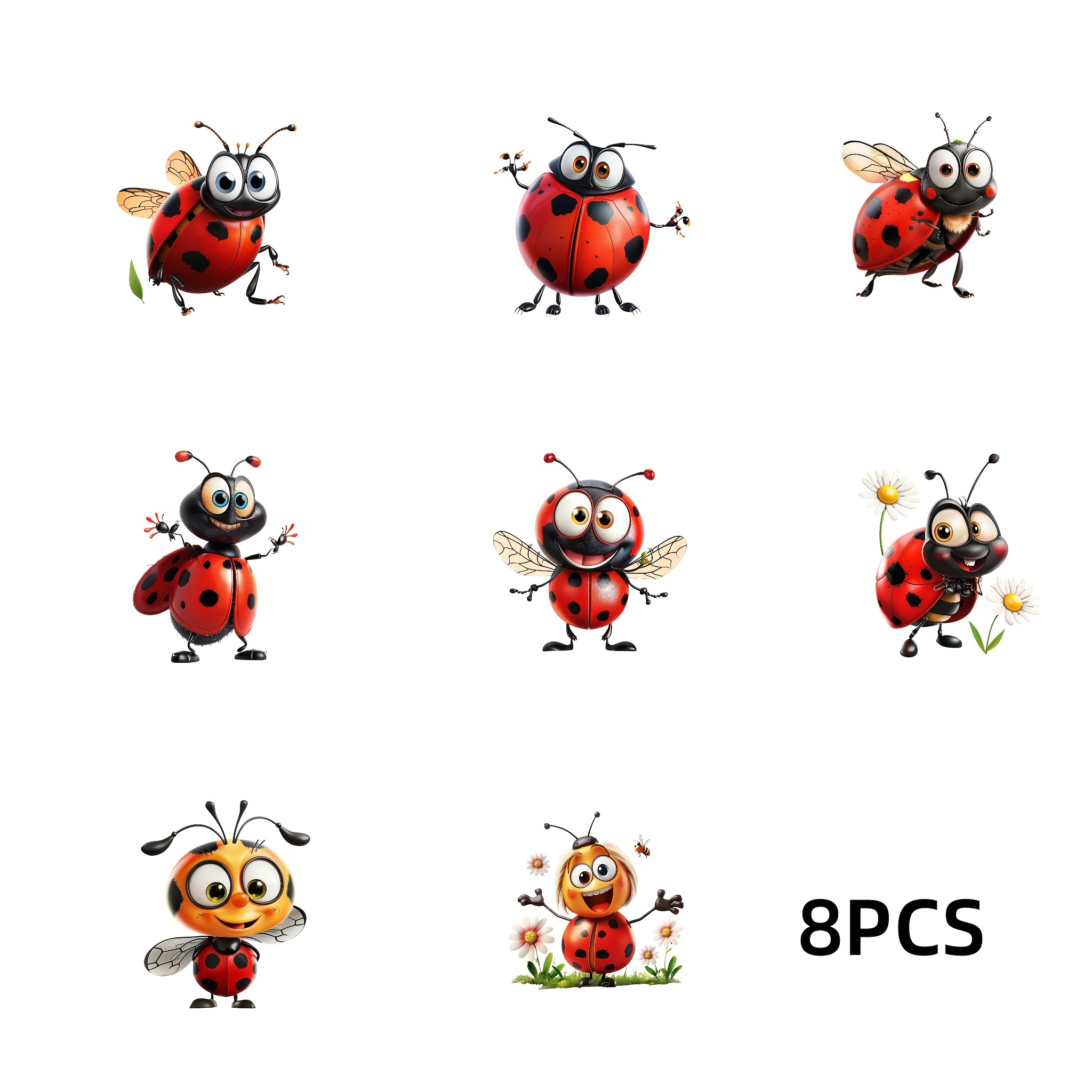 8pcs Cute Cartoon Ladybug Crystal Transfer Stickers - Glossy, Disposable Decals For Laptops, Water Bottles, Suitcases & More - Decor