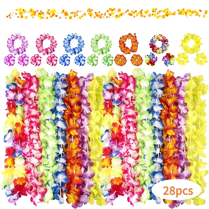 Image of 28 , Luau Party Supplies Of Elastic Flowers Necklaces, Headbands And Wristbands - Tropical Hawaiian Decorations, Beach Party Decorations, Birthday Party Favors