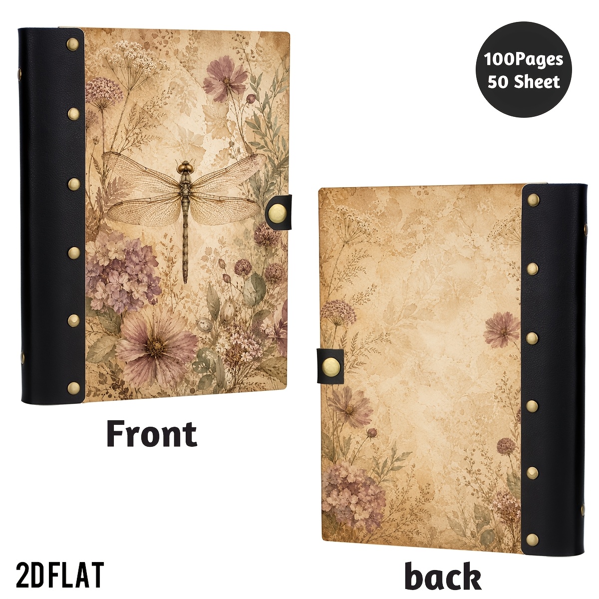 TEMU 1pc Floral Hardcover Notebook With Perforated Pages & Leather Rivet Binding - -sided Journal Suitable For Daily Writing, Creative Notes, Nature