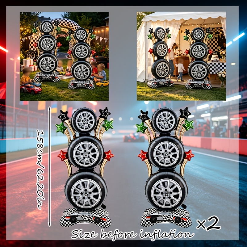 TEMU 2 piezas--Globos grandes de neumáticos de pie, decoraciones de con temática de carreras, globos de rueda de carreras de pie con base de a