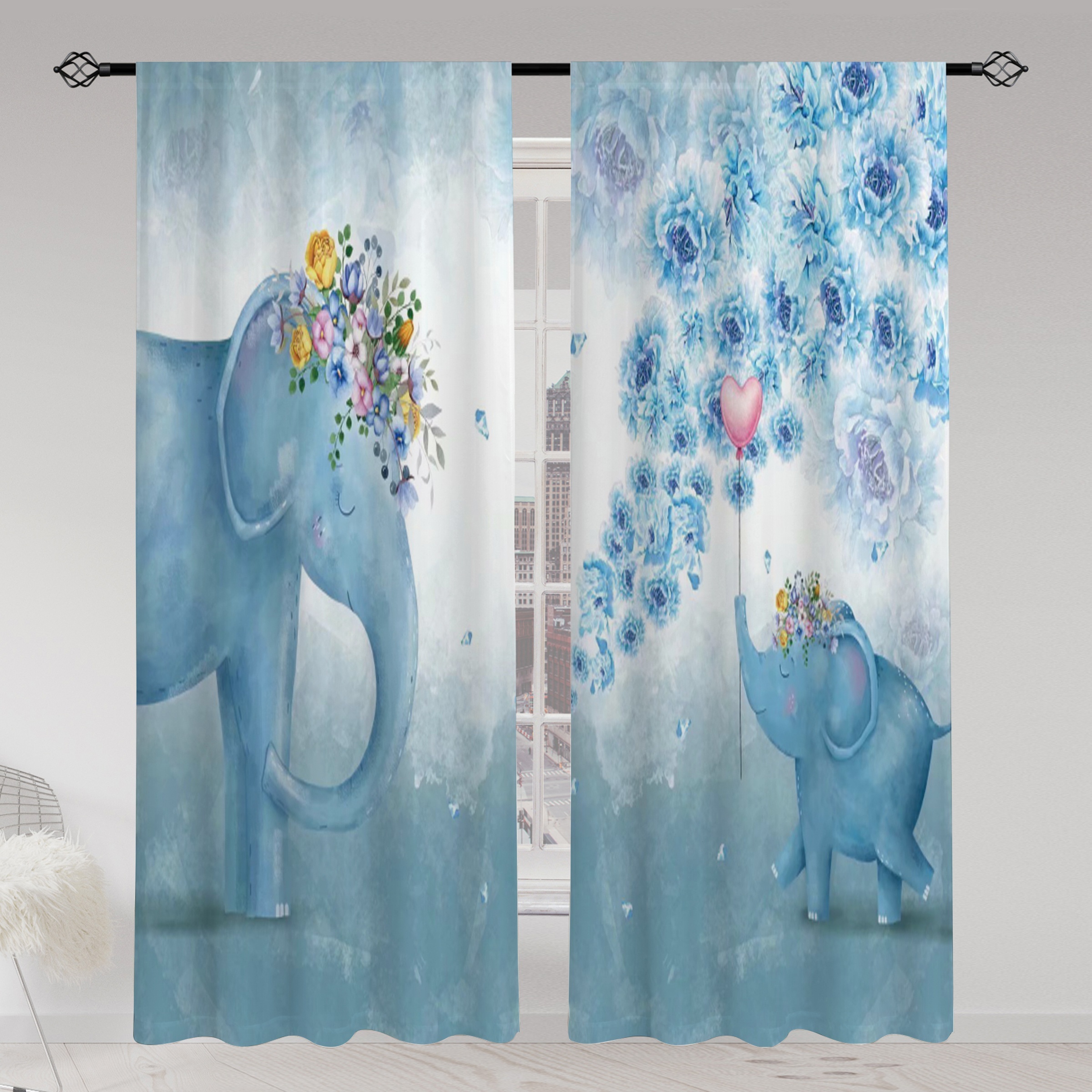 

2pcs, Blue Elephant Flower Balloon Print Translucent Curtains, Multi-scene Polyester Rod Pocket Curtain For Living Room Playroom Bedroom Home Decor Party Supplies