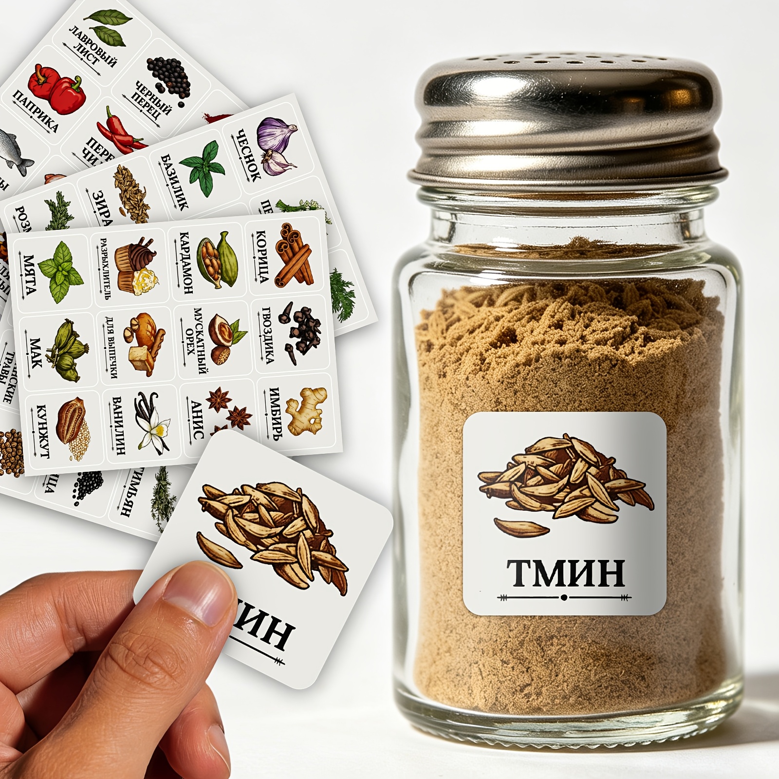 Image of A Set Of 4 -language Spice Labels With 48 Patterns, Designed For Marking Spice Jars. , Non-slip, And Durable Stickers Are Reusable And A Of Beautiful Designs