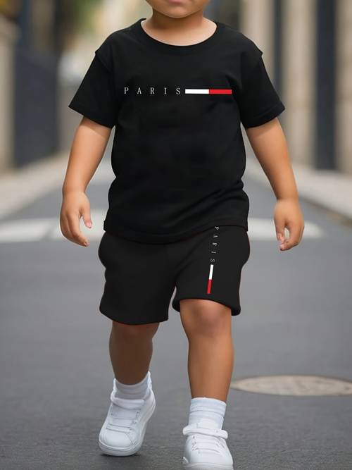 Zomerse Jongensmode Shorts Set met PARIS Letterprint Schattig Korte Mouw T-Shirt en Shorts Casual Outfit TZ5991, Perfect voor Buiten