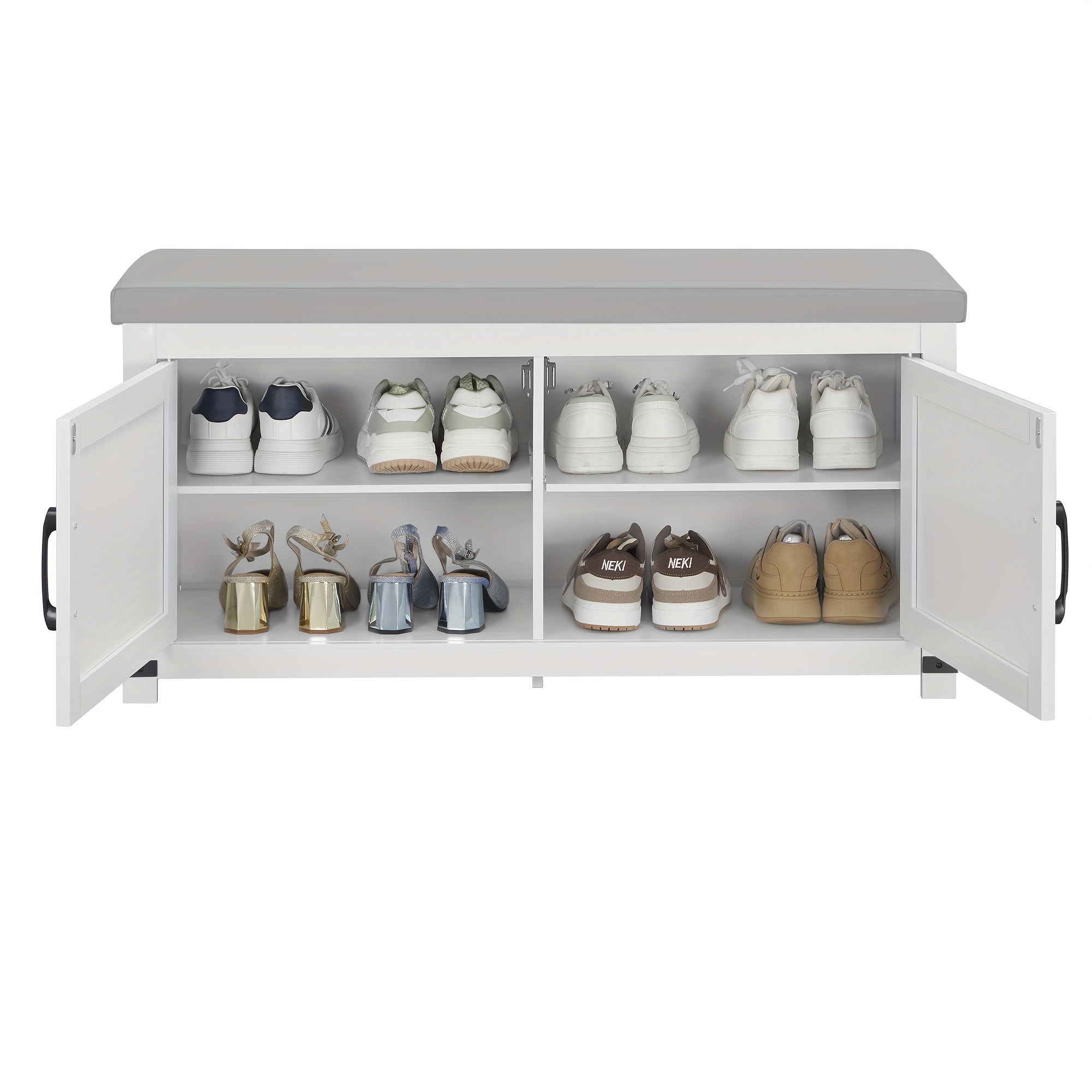 Farmhouse Shoe Storage Bench, 2 Tier Shoe Bench With Padded Seat Cushion & 2 Barn Doors, Entryway Bench With Adjustable Shelf, Shoe Cabinet For Living Room, Bedroom, White