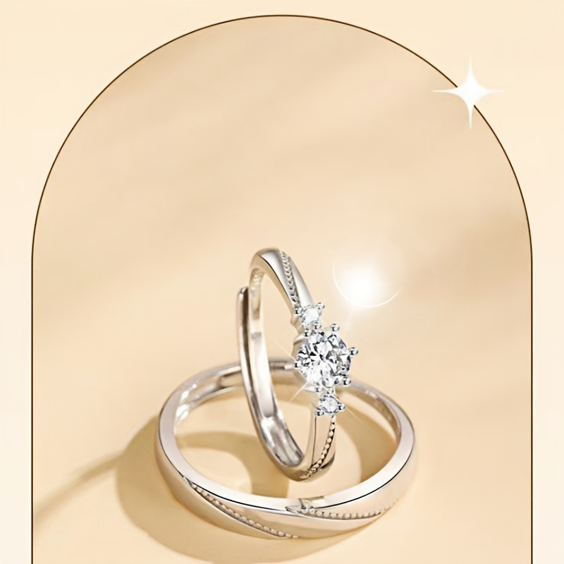 TEMU 1set-2pcs, Light Luxury Zirconia Couple Rings, Daily Wear Commemorative Jewelry, Self-opening, Adjustable Size