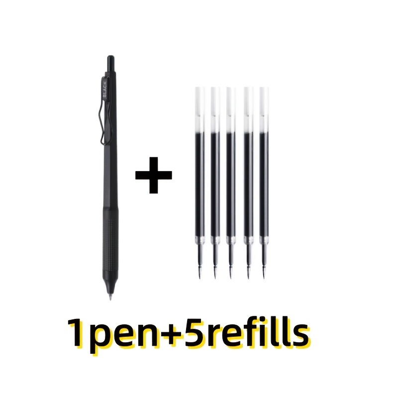 TEMU 6pcs Minimalist Quick-drying Black Click Pens Student Writing Office Gel Pen Set, Includes 1 Pen + 5 Refills, 0.5mm Fine Tip, Black Ink, Ideal
