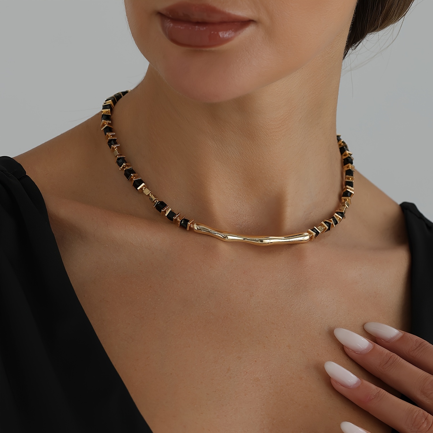 TEMU 1pc Women's Vintage Choker Necklace - Short Bamboo Joint Chain, Square Enamel Suitable For Wedding,, Daily Wear, Y2k Elegant French Style,