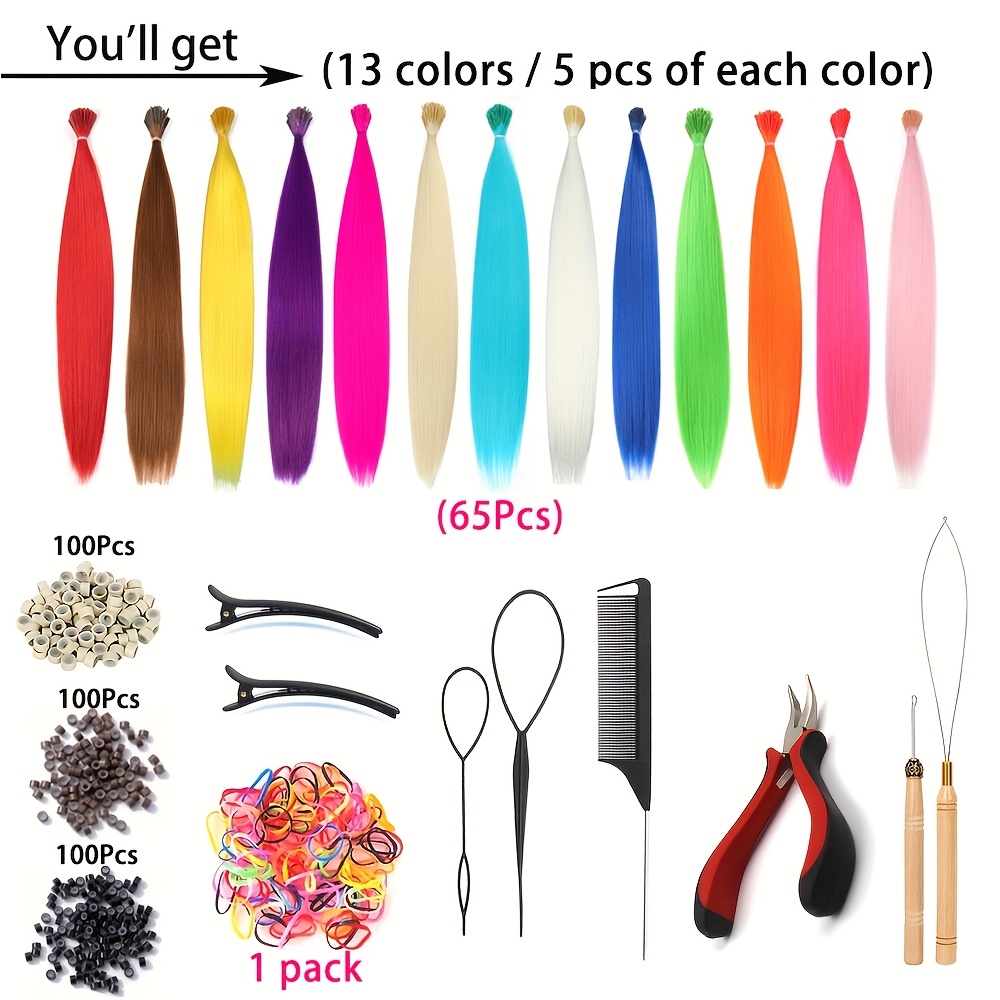 TEMU 75pcs Complete Kit: 20” Long Straight Synthetic Hair Extensions With 13 Colors (5 ) & Styling Tools - Extensions For Braids, Weaves, For - Volume & Length Boosting Hair Add-ons