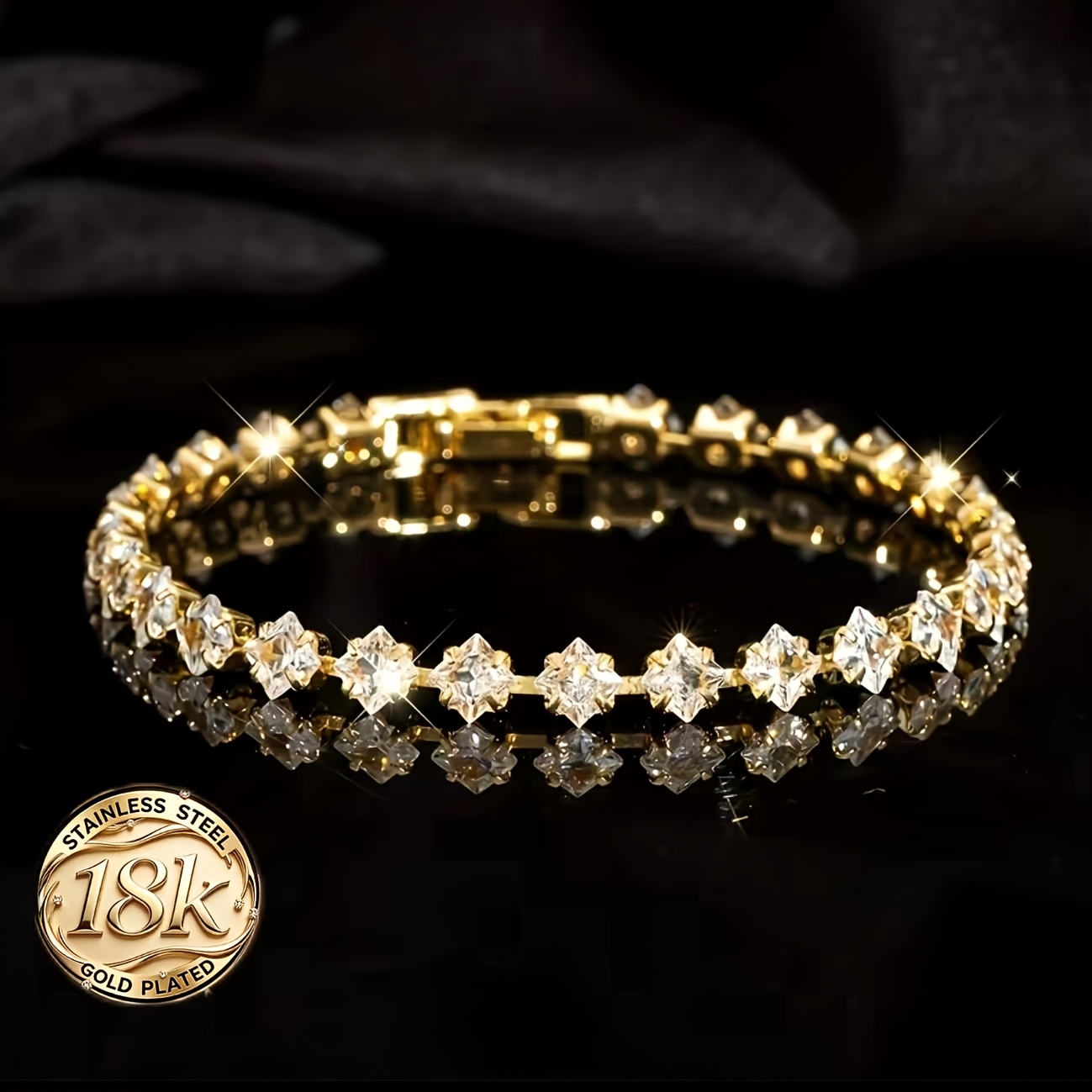 TEMU 1pc Bracelet Tennis Carré Tendance et Facile à , Charme Bracelet en Cuivre Premium Plaqué Or 18K, Synthétique Incrustée, Convient pour le Port