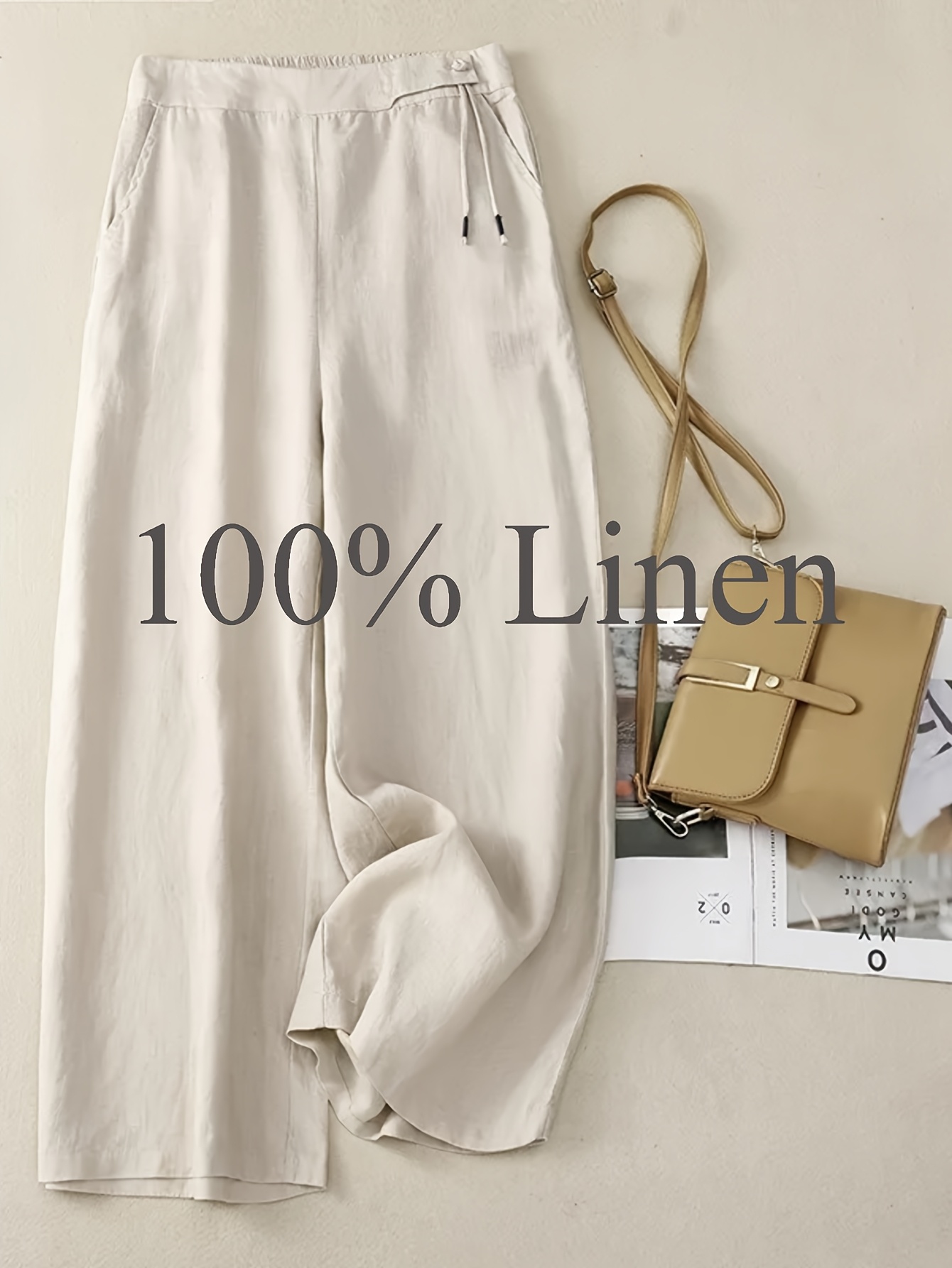 1pc of 100% Pure Linen Women's Wide-leg Pants, Elastic Belt Drawstring Loose Design, Breathable Sagging Design, Suitable for Summer Commuting