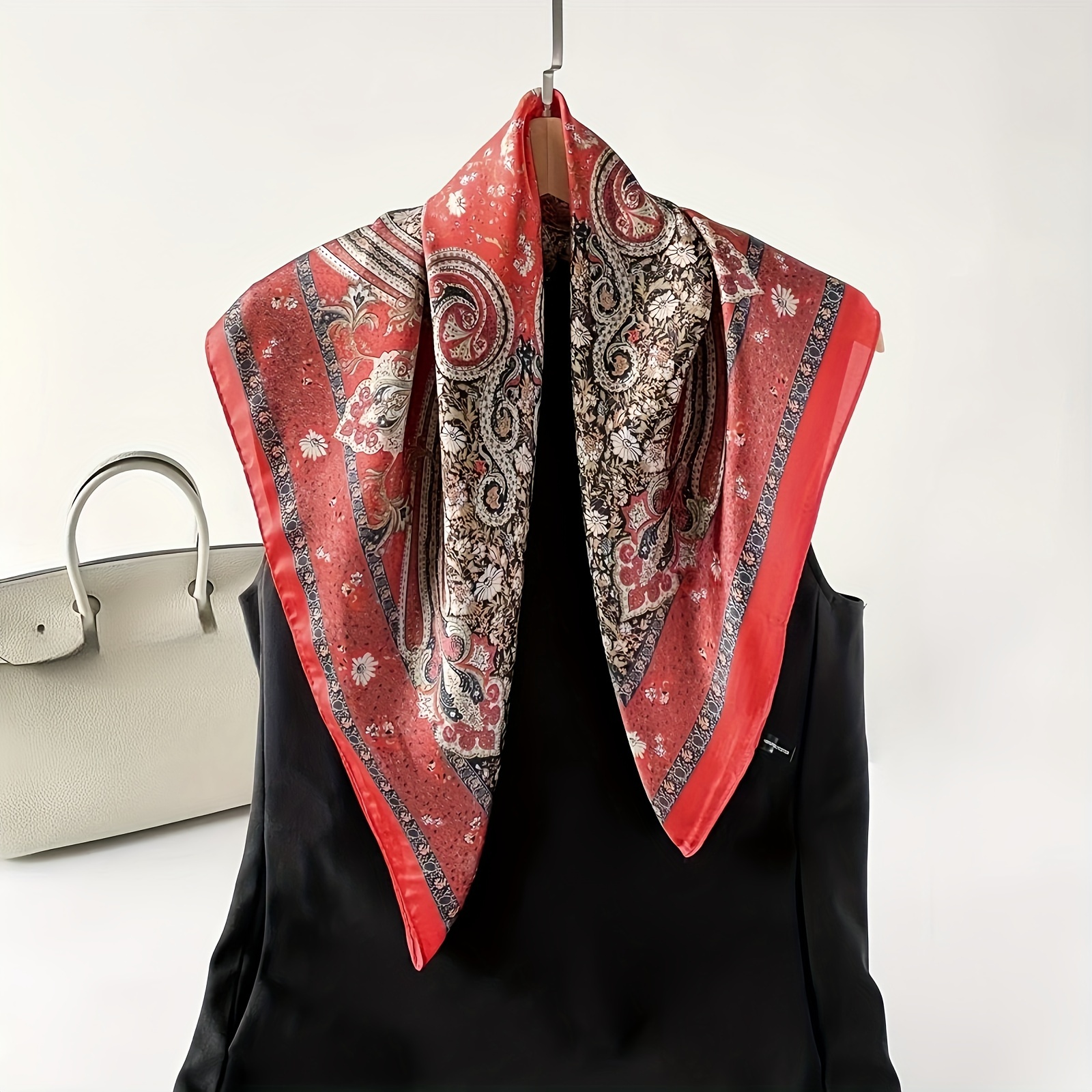 Damen Vintage Blumenmuster Quadrat-Tuch – Weiches Imitatsatin, Leichter  Mehrzweck-Schal, Kopfband Schal *- und Windschutz, Beige/Rot,