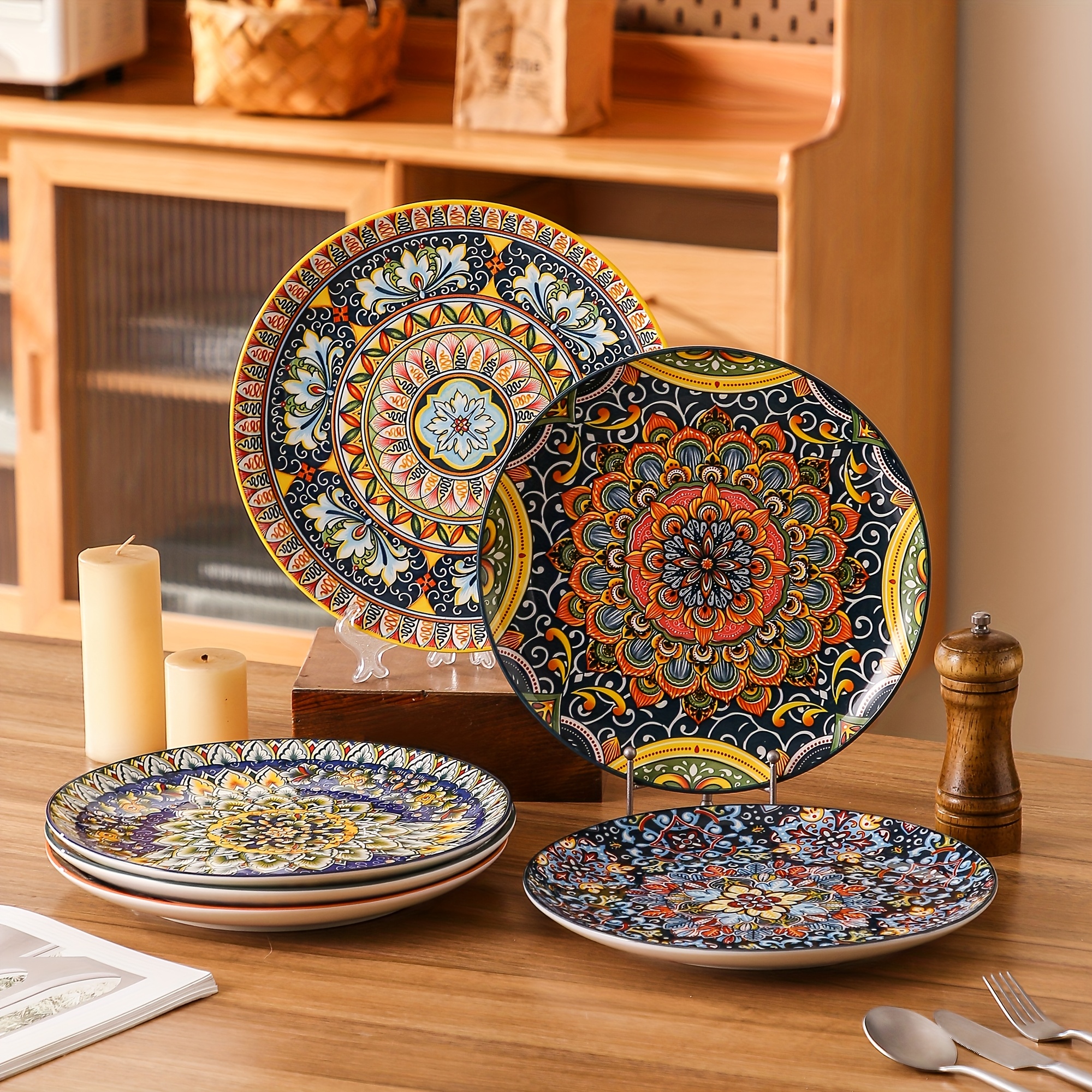 Image of Dessert Plates, 10.5 Inch Small Salad Plates Set Of 6, Colorful Bohemian Ceramic Plates For Appetizers, Snacks, Fruit, Small Dinner Plate Set For Kitchen & Restaurant, Microwave And Dishware Safe