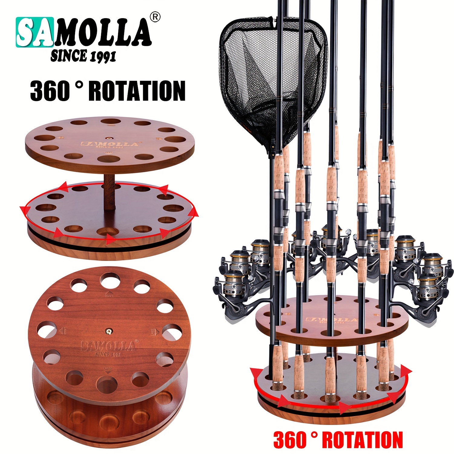 

Samolla Universal Wood Fishing Rod Holder Rack, 360° Rotatable, 12-slot, Thickened Base Design, Rod Storage Organizer For Most Rod Types, Easter , Red - 1 Pack