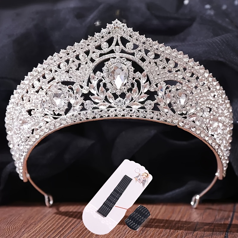 TEMU (6pcs Fixing Clips Plus 1pc Crown) European And American Wedding Jewelry Crown Ethnic Style Wedding Full Diamond