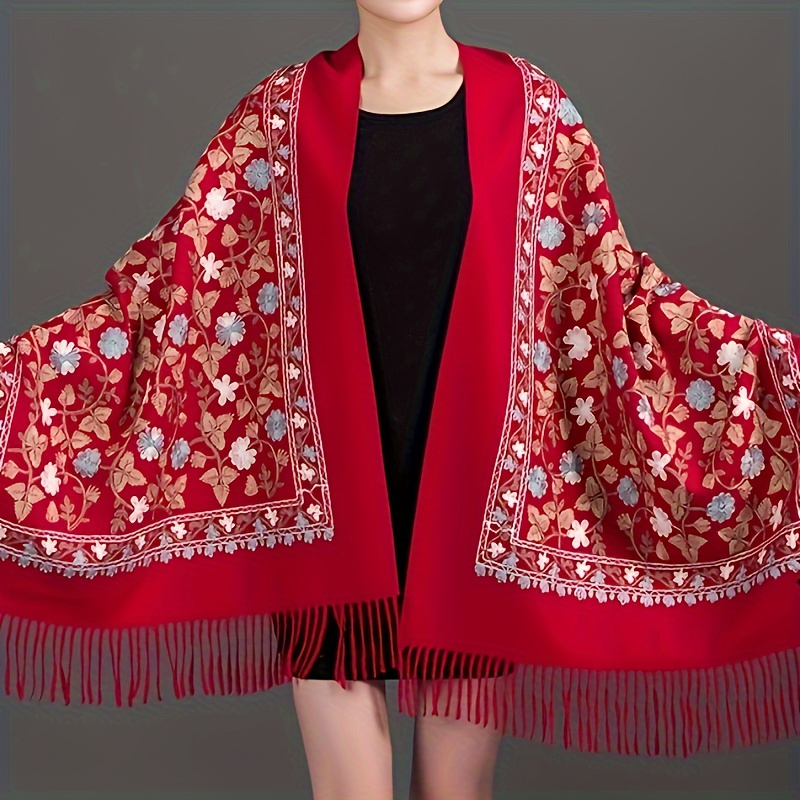 

Elegant Embroidered Scarf For Women - Versatile Polyester Shawl With Tassels, Perfect For Fall/winter & Summer Outings