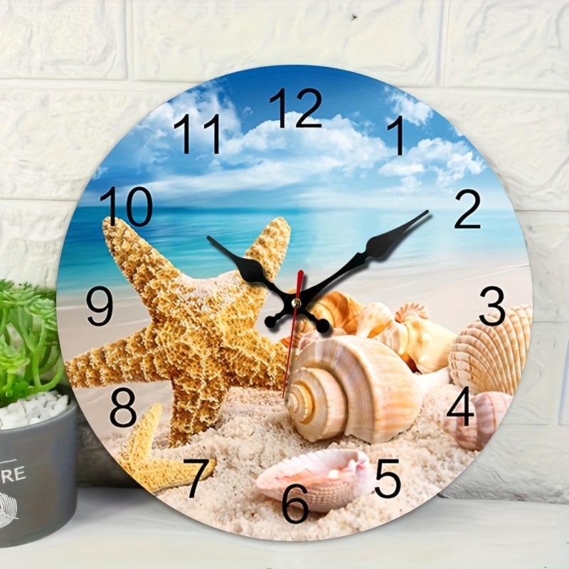 E-shop Eine runde Wanduhr im Strand- und Muschel-Design, geräuschlos und ohne , für die Heimdekoration während der Feiertage und als Geschenk.