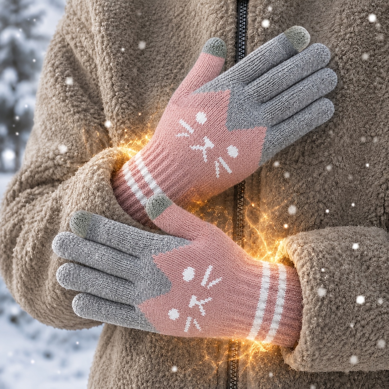 TEMU 1 Paire de Gants Thermiques pour Femme avec Motif de Tête de Chat & Compatibles Écran Tactile, Adaptés au Froid, Chauffe-Doigts Élastiques Doux