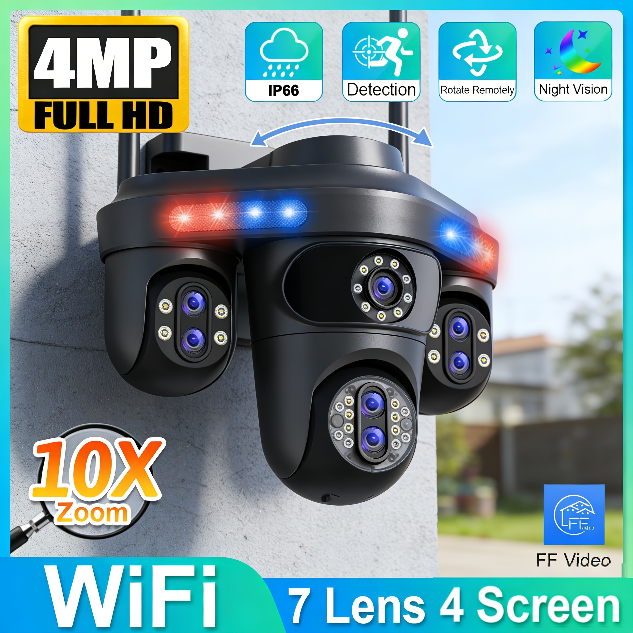 7-Lens 4MP Outdoor WiFi Security Camera, 10X Optical Zoom, Quad Screen Display, PTZ Control, Motion Detection, Auto Tracking, Color Night Vision, Two-Way Audio, 2.4GHz, DC12V, LED Lights, Bullet Camera for Home and Business Security, No Battery