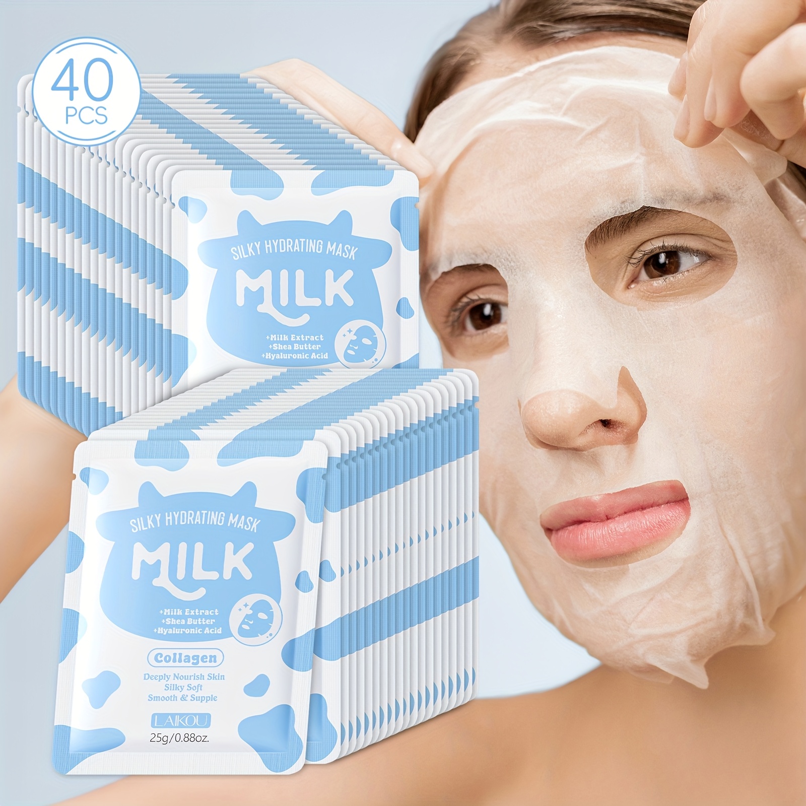 Image of 40pcs Milk Collagen Hydrating Sheet Mask For , Moisturizing For Type, Portable For Travelling, Ideal Gift Set For , Friend, Mother On Valentines Day, Christmas