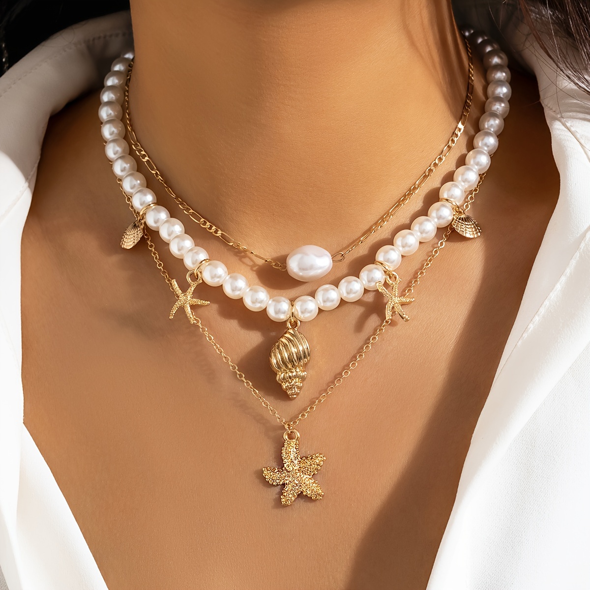 

Simple & Nautical Style Acrylic Pearl Necklace Set With Shell & Starfish Pendants For Women - 3 Piece Fashion Summer Beach Party Jewelry No Plating - Versatile For All Seasons
