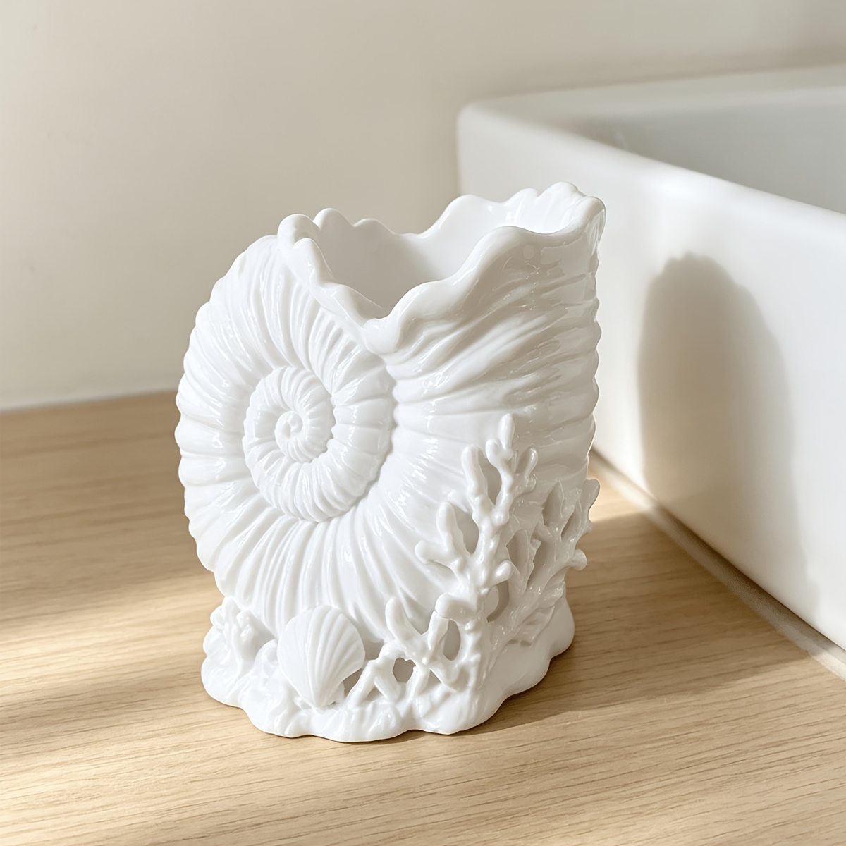 TEMU 1pc French 3d Relief Seashell Coral Toothbrush Holder, Bathroom Toothbrush And Toothpaste Comb 3d Printed Storage Tube, Desktop Makeup Brush