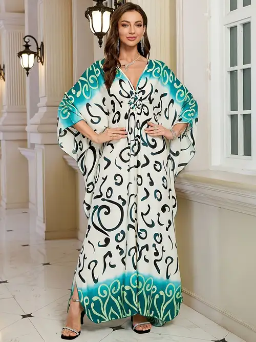 Plus Size, Women's Large Size Bohemian Caftan Dress - Lightweight Breathable Maxi Dress with Batwing Sleeves & Side Slit, Loose-Fit Beach Dress Suitable for Summer Vacations, Poolside Lounging, Resort ... Plus Size, Women's Large Size Bohemian Caftan Dress - Lightweight Breathable Maxi Dress with Batwing Sleeves & Side Slit, Loose-Fit Beach Dress Suitable for Summer Vacations, Poolside Lounging, Resort ...