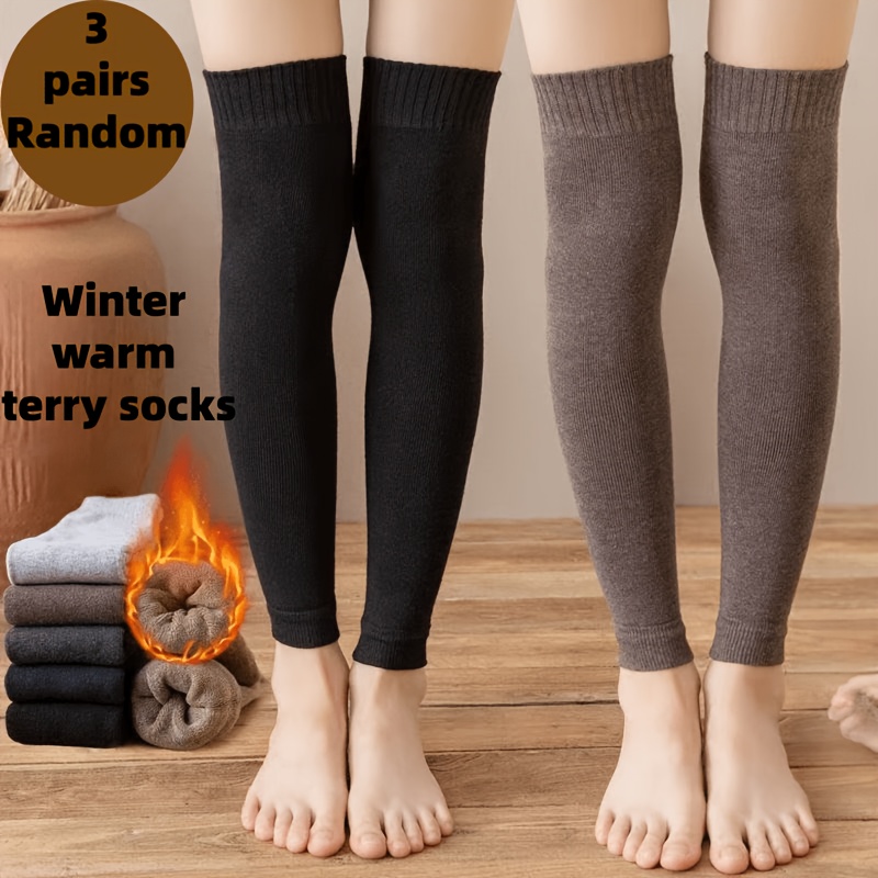 TEMU 3-pair Random Assortment Of Autumn/winter Thickened Thermal Over-the-knee Sock Covers, Fashionable And Versatile Terrycloth Sock Covers,